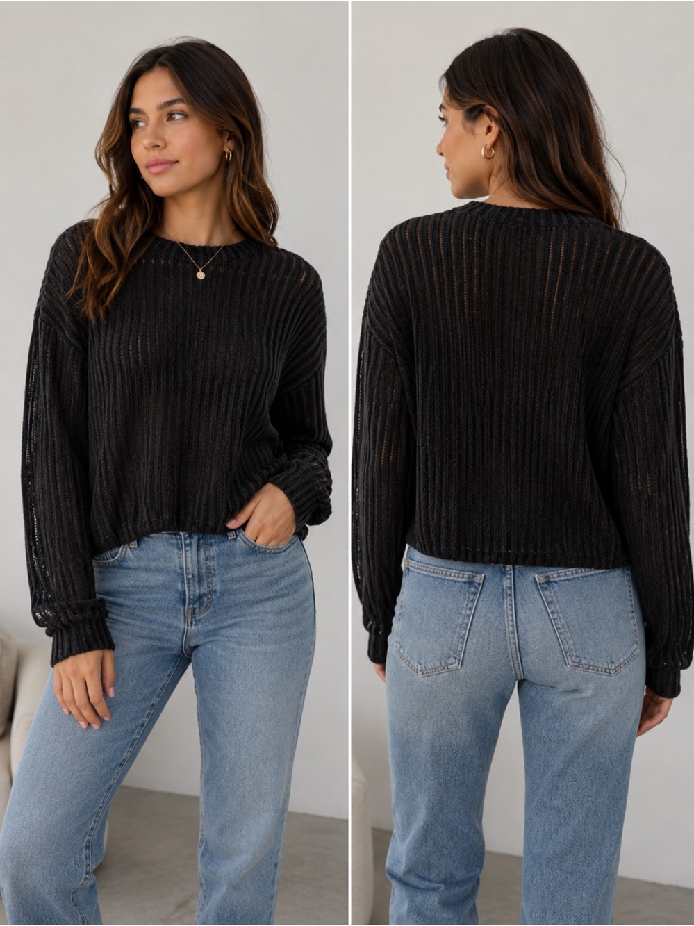 Lulus Sweater Womens M Black Open Knit Ribbed Long Sleeve Crew Neck Lightweight